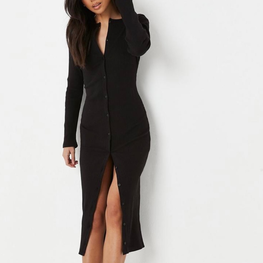 Black Button-Front Long Sleeve Midi Dress